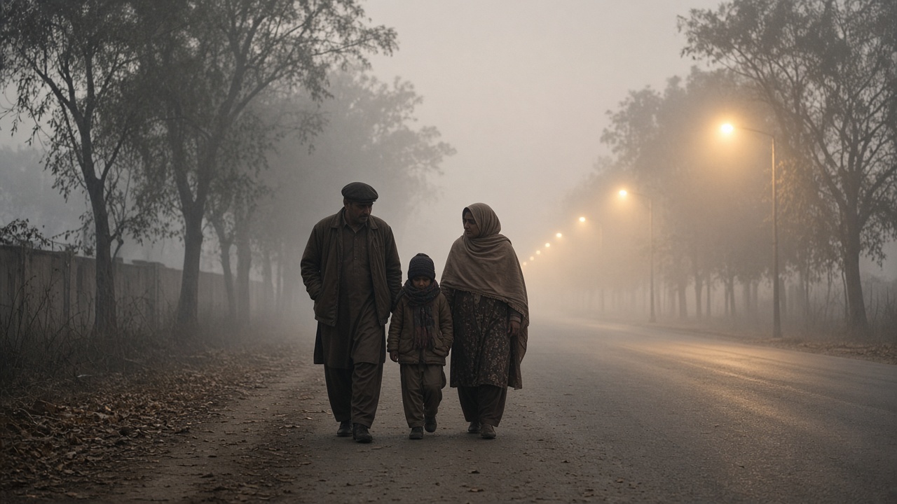 Dense winter fog at dawn on a Punjab street with a family walking in layered clothes