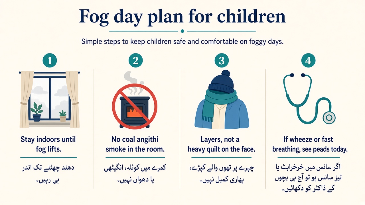 Fog day plan: stay indoors, no coal smoke, layers not a quilt on the face, see peads if wheeze or fast breathing