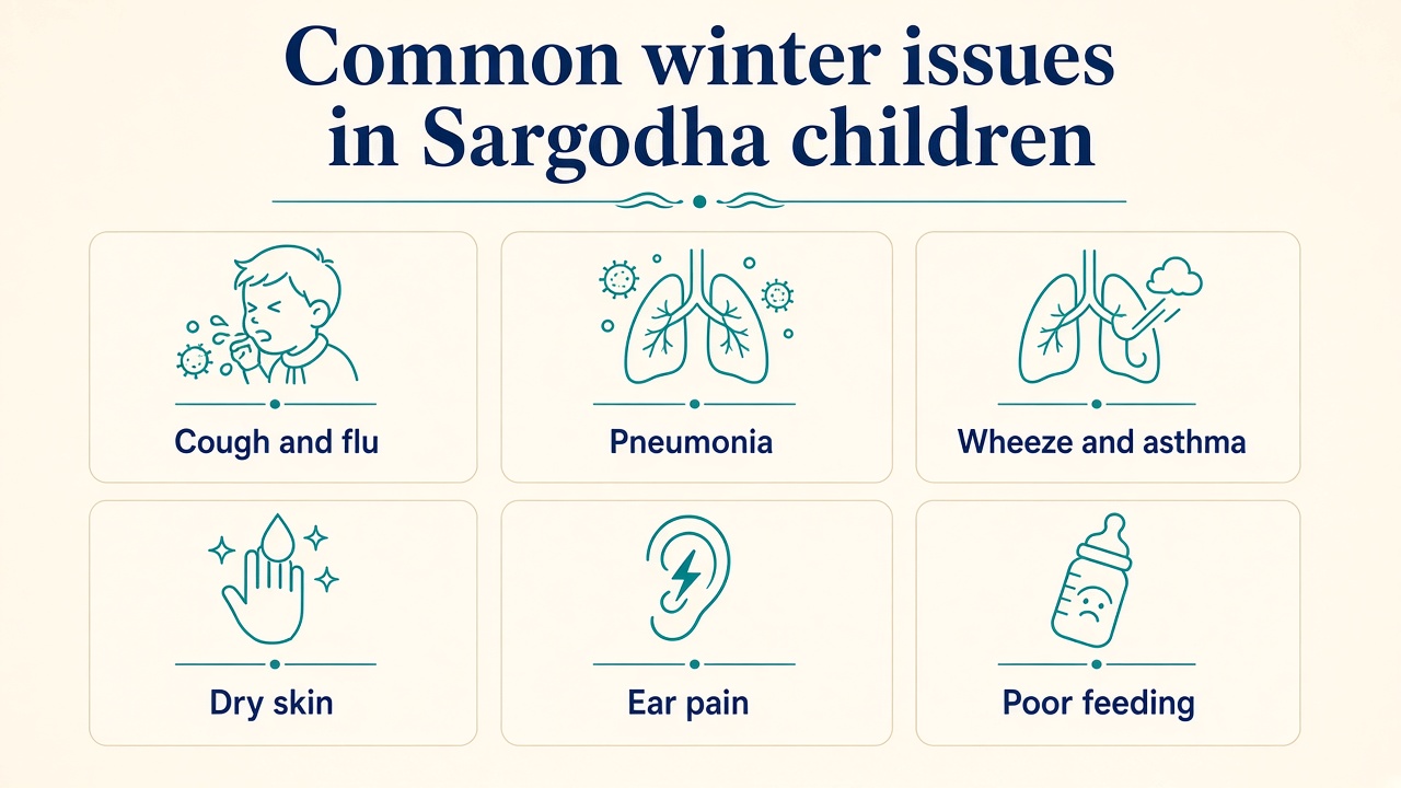 Six common winter issues in Sargodha children: cough and flu, pneumonia, wheeze, dry skin, ear pain, poor feeding